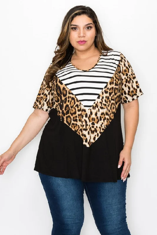 Cashmere ShirtsPSFU B&W Stripe Leopard Black Colorblock Shirt Top