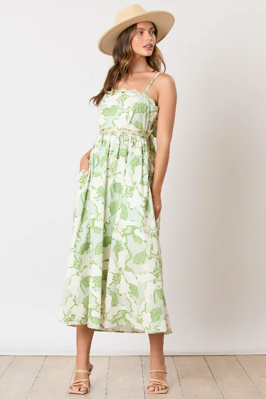 Off-the-shoulder DressGreen Floral Wave Trim Back Tie Midi Dress