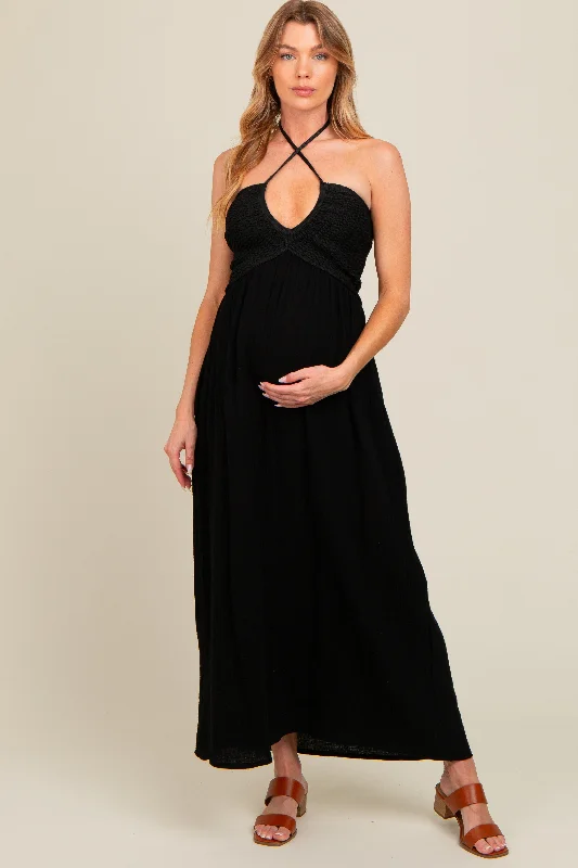 Leather DressBlack Halter Crochet Top Maternity Maxi Dress