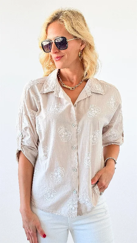 Metallic ShirtsSkull Print Button-Up Blouse