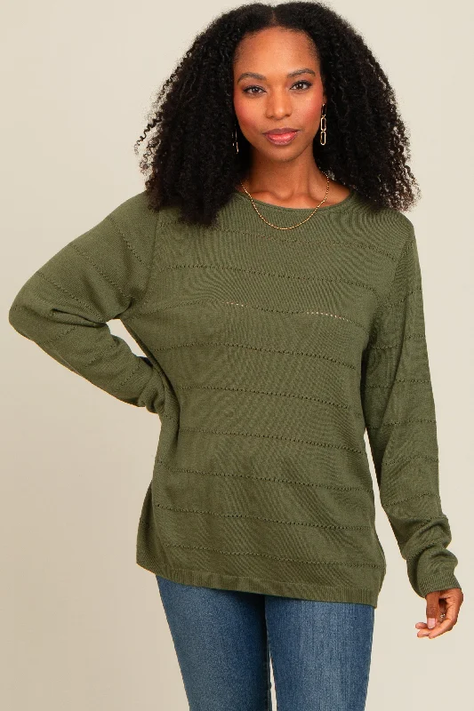 Olive Knit Stitch Detail Long Sleeve Sweater Top