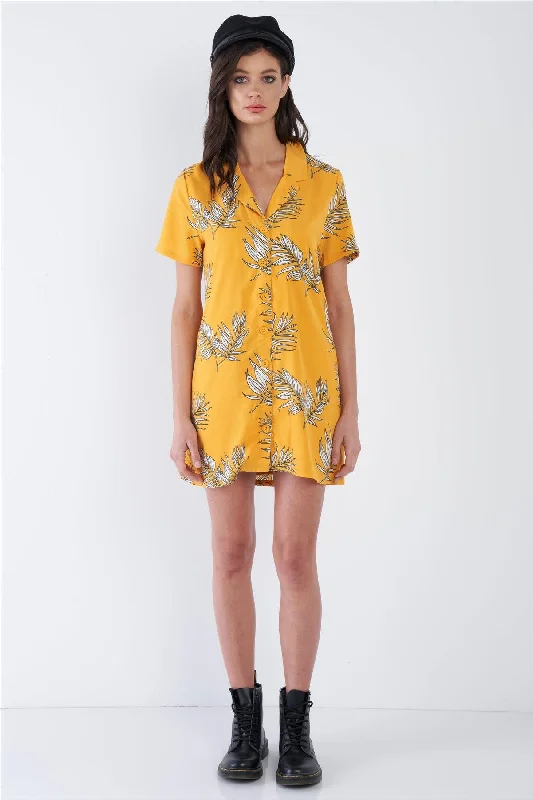 Short-sleeve DressYellow Tropical Print V-Neck Front Button Mini Shirt Dress /1-2-2