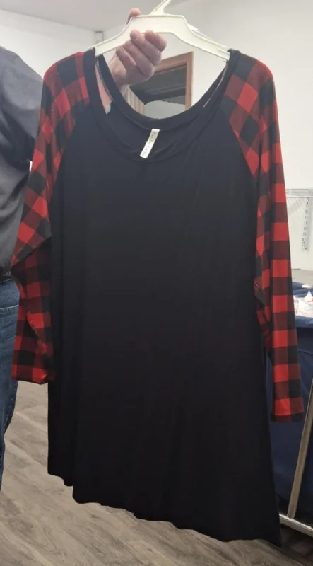 Leather-Paneled ShirtsPSFU Black Shirt Top w Red Plaid Sleeves