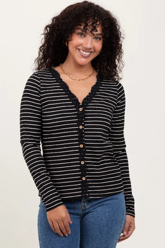 Black Striped Ribbed Long Sleeve Lace Detail Button Down Cardigan