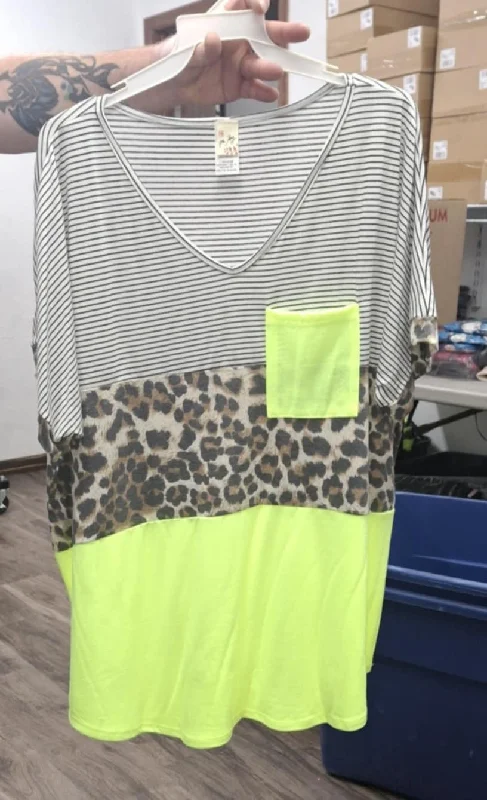 Zippered ShirtsStripe Leopard Neon Lime Pocket Shirt Top