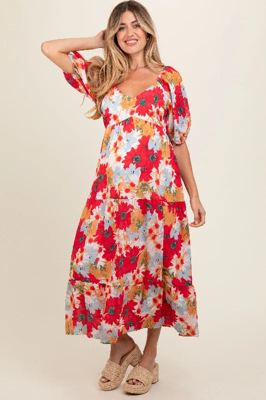 Off-the-shoulder DressRed Floral V-Neck Short Puff Sleeve Tiered Maternity Midi Dress