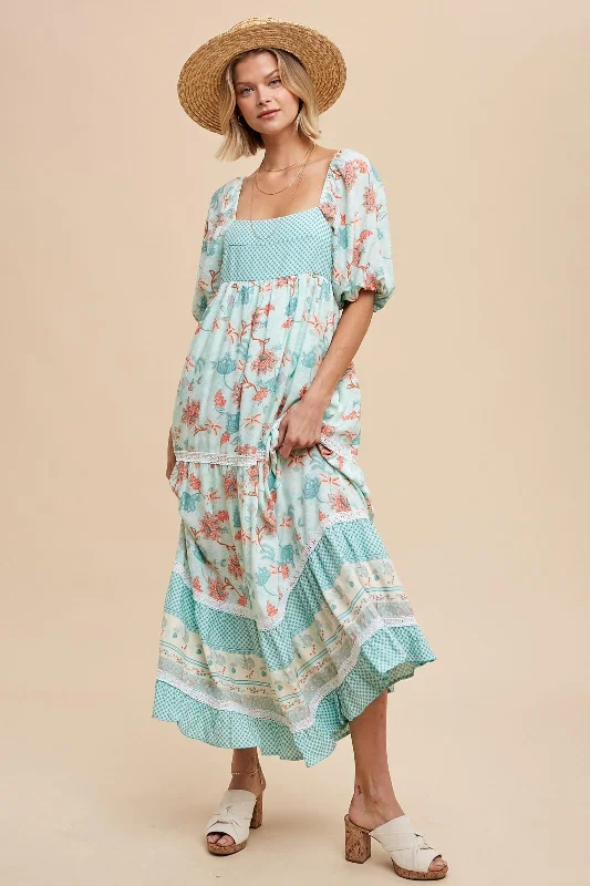 A-line DressMint Green Floral Gingham Lace Up Back Maxi Dress