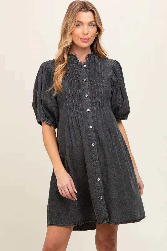 Chiffon DressBlack Button Down Puff Sleeve Maternity Dress