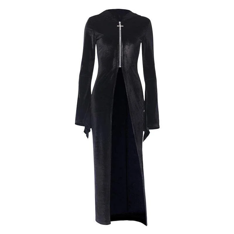 Asymmetrical HoodiesWomen's Cross Zipper Fly Hooded Butterfly Sleeved Velvet Dresses