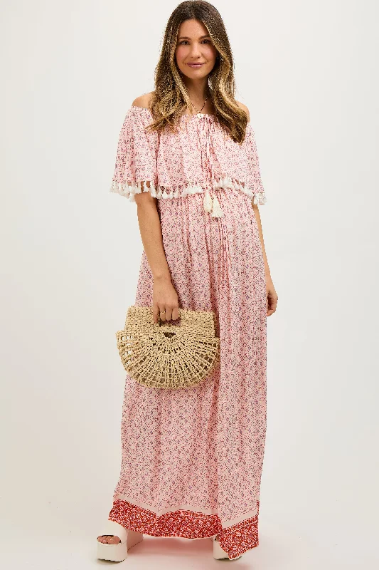 Fleece-lined DressPeach Tile Off Shoulder Tassel Edge Maternity Maxi Dress