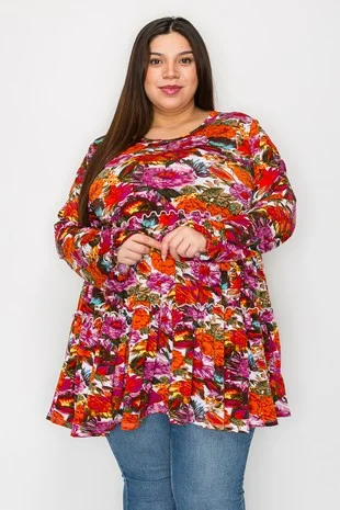 Ruffled ShirtsGorgeous Purple Orange Floral Tiered Shirt Top