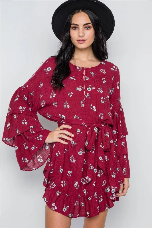 Dance DressRed Burgundy Floral Print Long Bell Sleeves Dress /2-2-1