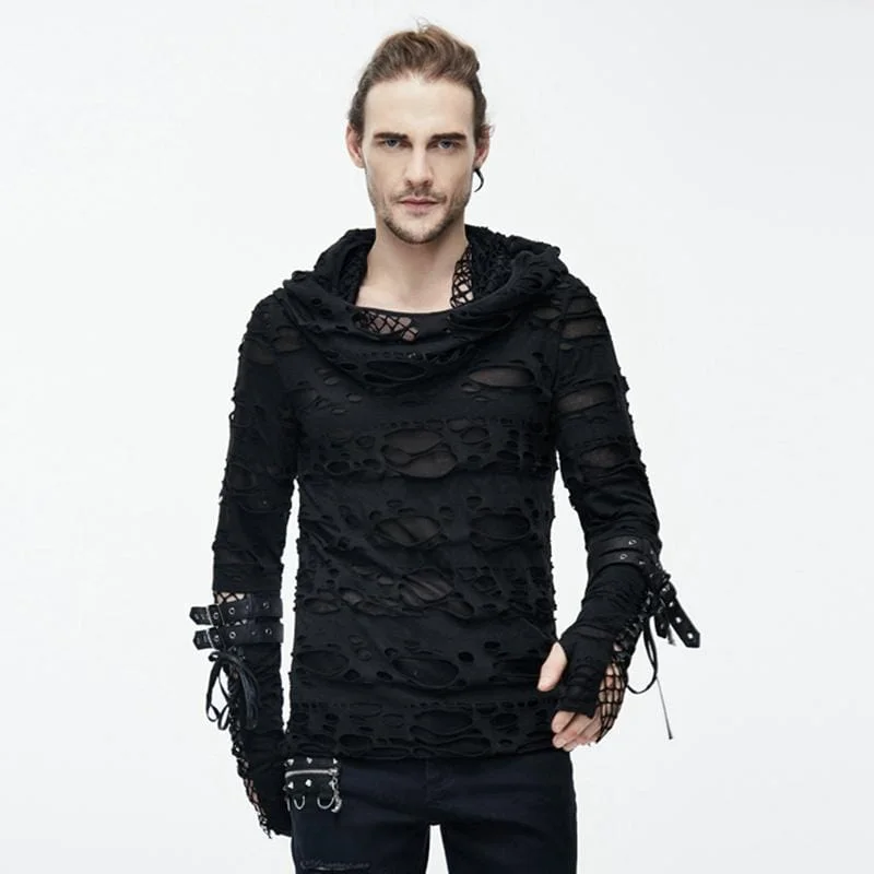 Ski SweatshirtsMen's Distressed Ripped Hooded Punk-Shirt With Mesh Underlayer