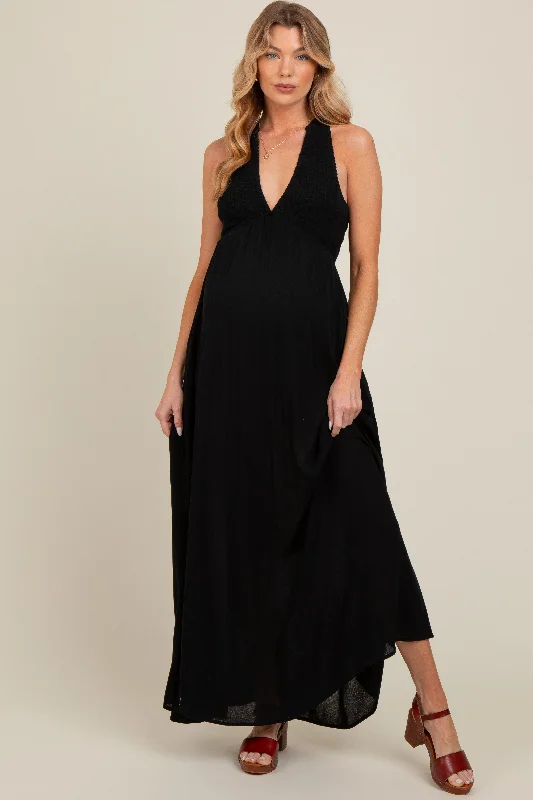 Wedding DressBlack Deep V-Neck Cross Back Maternity Maxi Dress