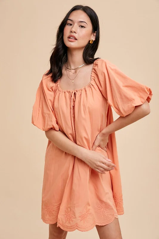 Silk DressPeach Embroidered Puff Sleeve Dress