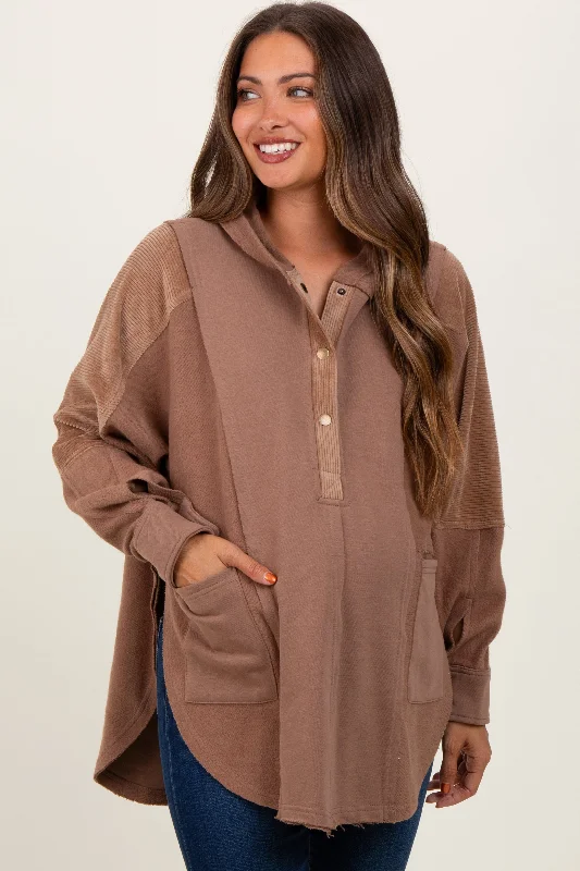 Festival SweatshirtsBrown French Terry Dolman Sleeve Maternity Hooded Pullover