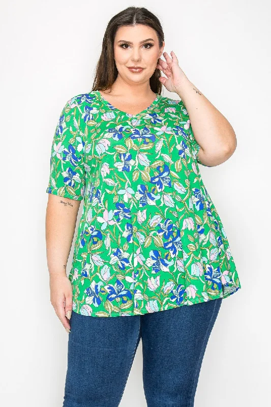 Asymmetrical ShirtsGreen Blue Floral V Neck Shirt Top