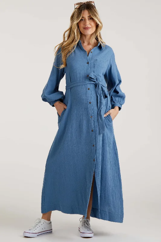 Casual DressBlue Gauze Belted Shirt Maternity Midi Dress