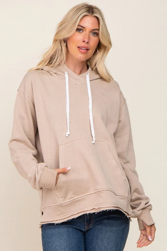 Limited Edition HoodiesBeige Raw Edge Trim Drawstring Hoodie