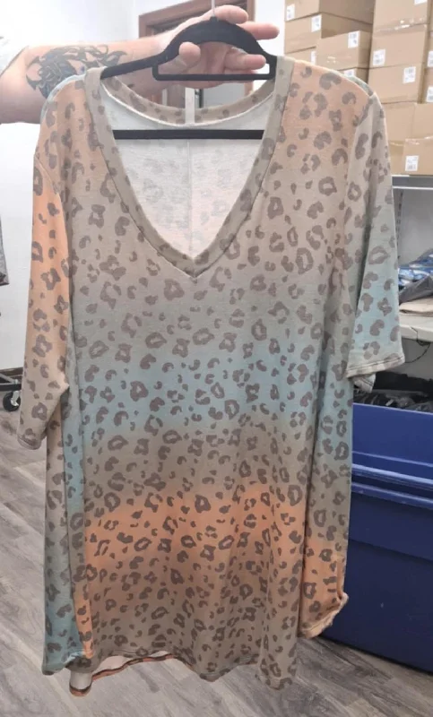 Sheer ShirtsBlue Brown Orange Leopard V Neck Shirt Top