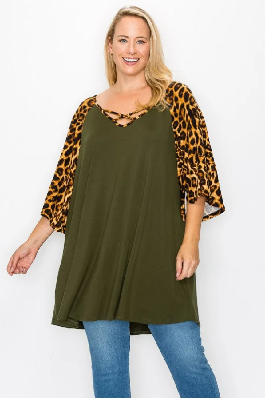 Outdoor ShirtsPSFU Olive Green Leopard Sleeves and X Neck Shirt Top