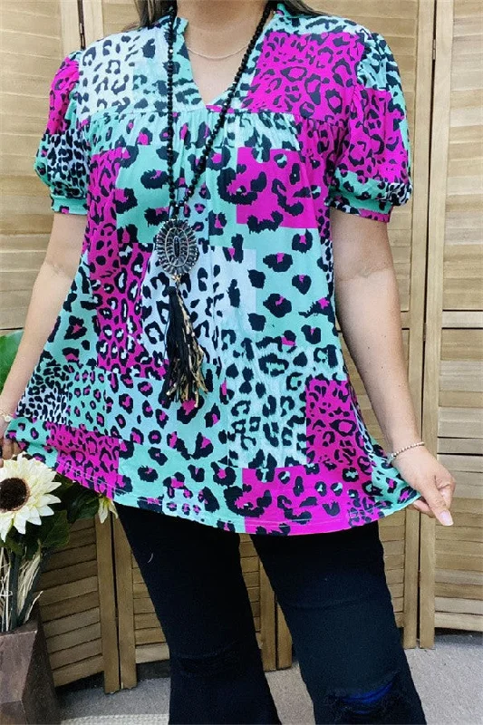 Asymmetrical ShirtsTeal Fuschia Black Leopard Print Shirt Top