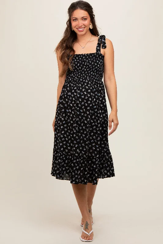 Midi DressBlack Floral Sleeveless Knotted Strap Maternity Dress