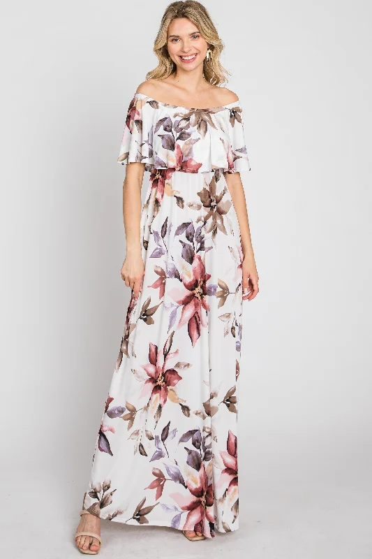 Athletic DressIvory Floral Off Shoulder Maxi Dress