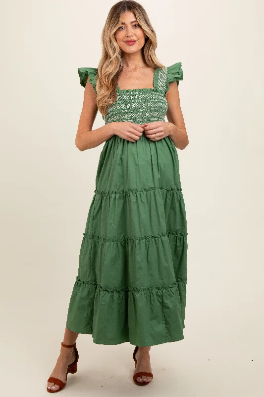 Dirndl DressGreen Embroidered Smocked Maternity Midi Dress