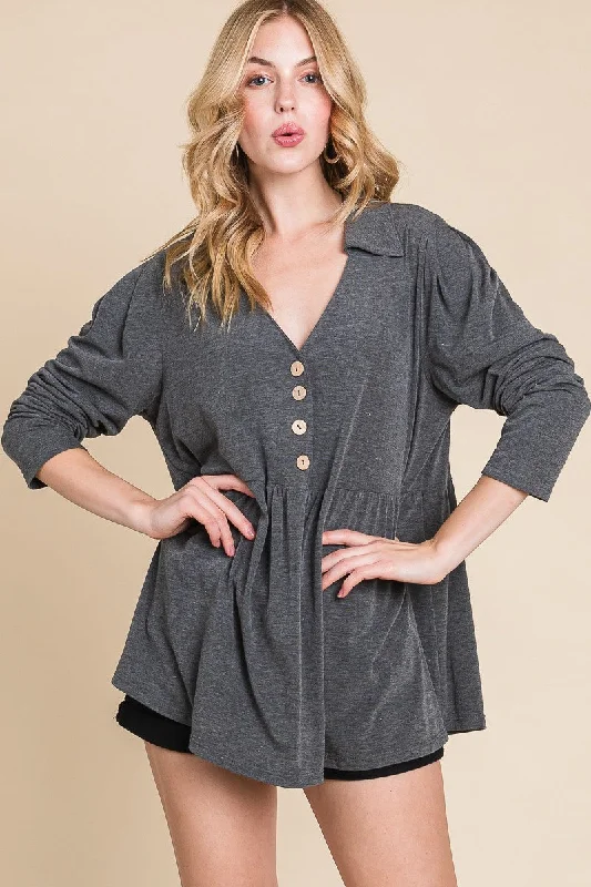 Wrap ShirtsGray Button Shirt Top w Collar Detail