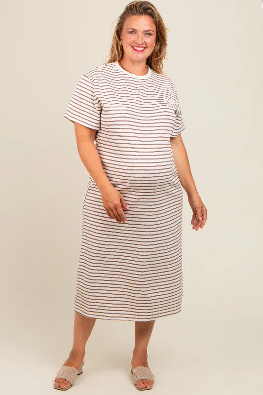 Vintage DressCream Striped Short Sleeve Maternity Plus T-Shirt Midi Dress