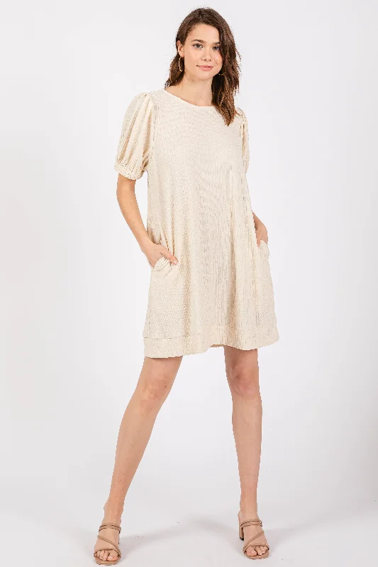 Evening DressIvory Textured Stripe Knit Short Puff Sleeve Dress