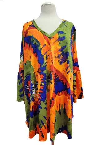 Formal ShirtsOrange Green Blue Tie Dye V Neck Shirt Top