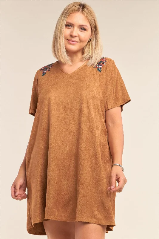 Slit DressJunior Plus Size Camel Suede Floral Print Detail Relaxed Fit V-Neck Mini Dress /3-2-1