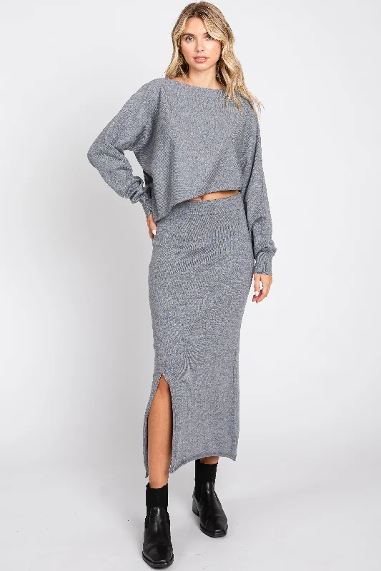 Grey Knit Long Sleeve Crop Top Midi Skirt Set