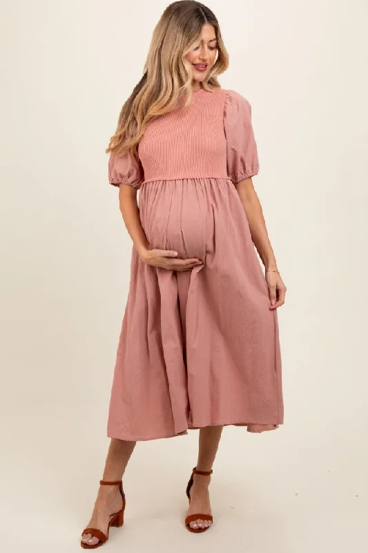 Uniform DressPeach Ribbed Bodice Puff Sleeve Maternity Midi Dress