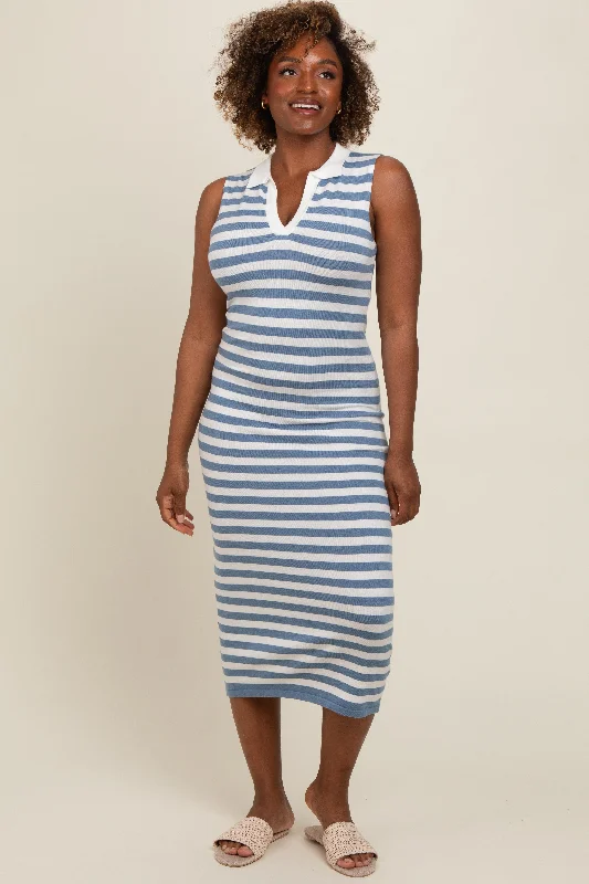 Long-sleeve DressBlue Striped Fitted Polo Midi Dress