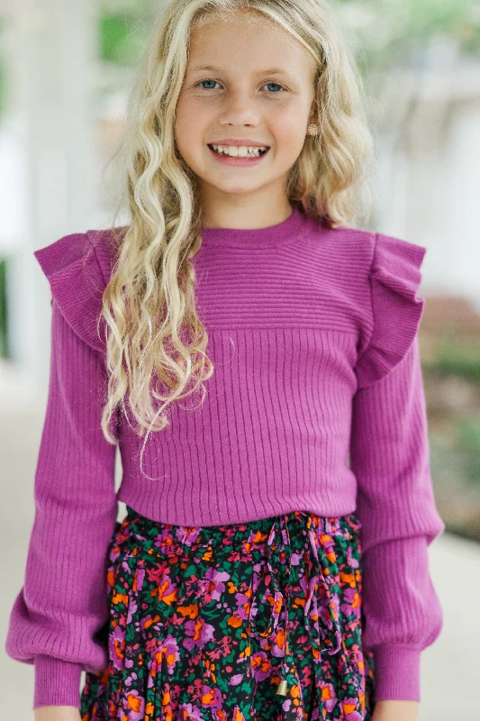 Girls: Reach Out Plum Purple Ruffled SweaterLuxury Knit Tops