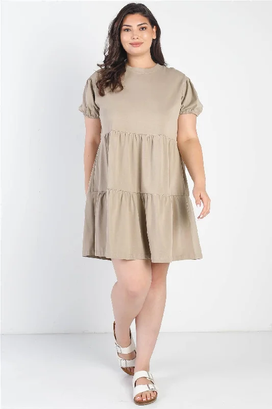 Hiking DressJunior Plus Stone Short Puff Sleeve Flare Mini Dress /3-1-1