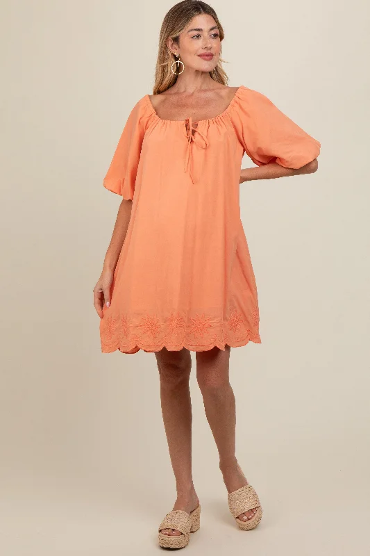 Shift DressPeach Embroidered Puff Sleeve Maternity Dress