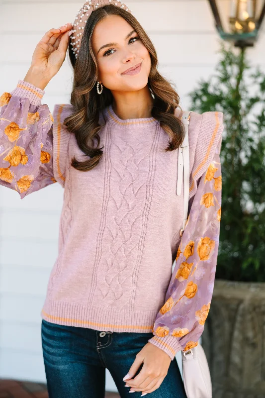 Fate: Love You More Mauve Pink Floral Sleeve SweaterDesigner Knit Tops