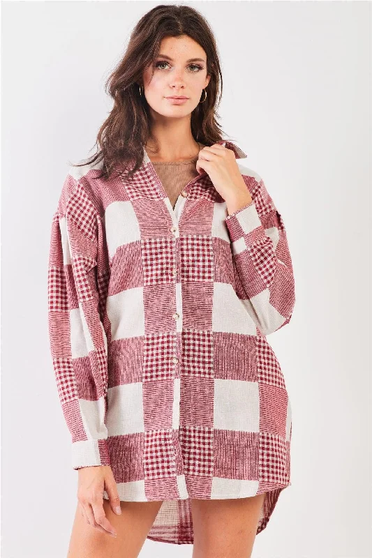 Asymmetrical DressRed & Natural 90s Multi Plaid Oversized Button Down Mini Shirt Dress /3-1-1