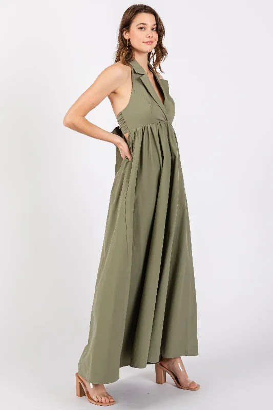 High-visibility DressLight Olive Collared Halter Back Tie Maxi Dress