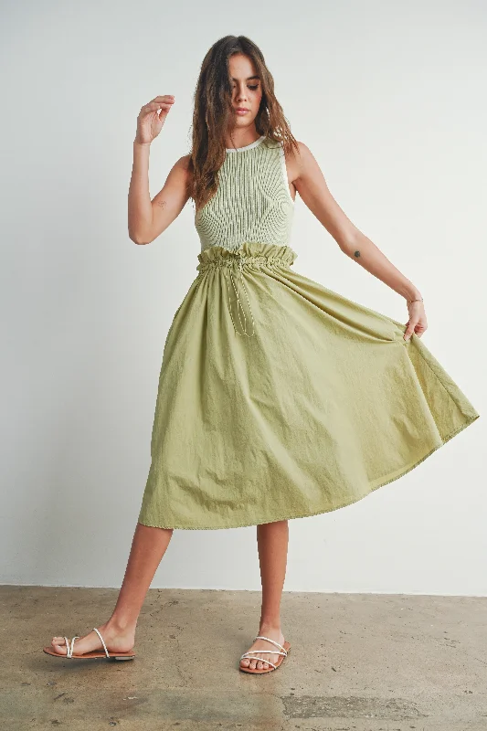 Puff-sleeve DressMoss Green Contrasted Tank Sweater Dress