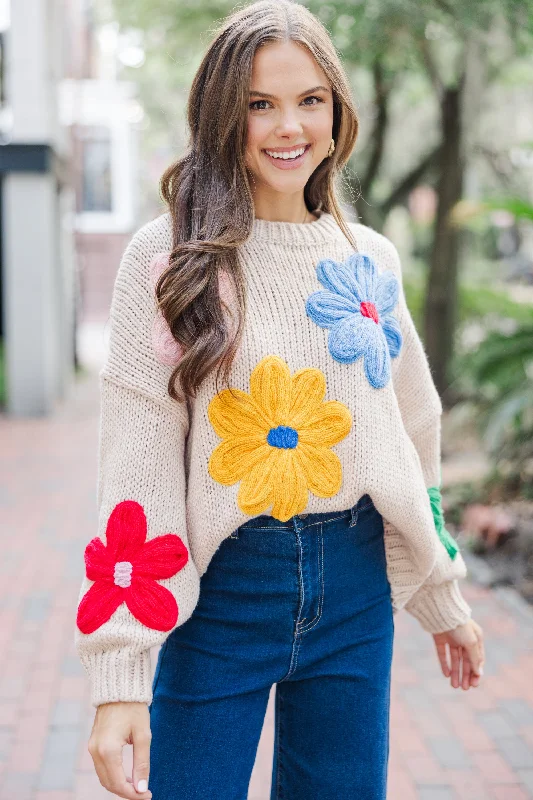 You're The One Oatmeal Floral SweaterTurtleneck Knit Tops