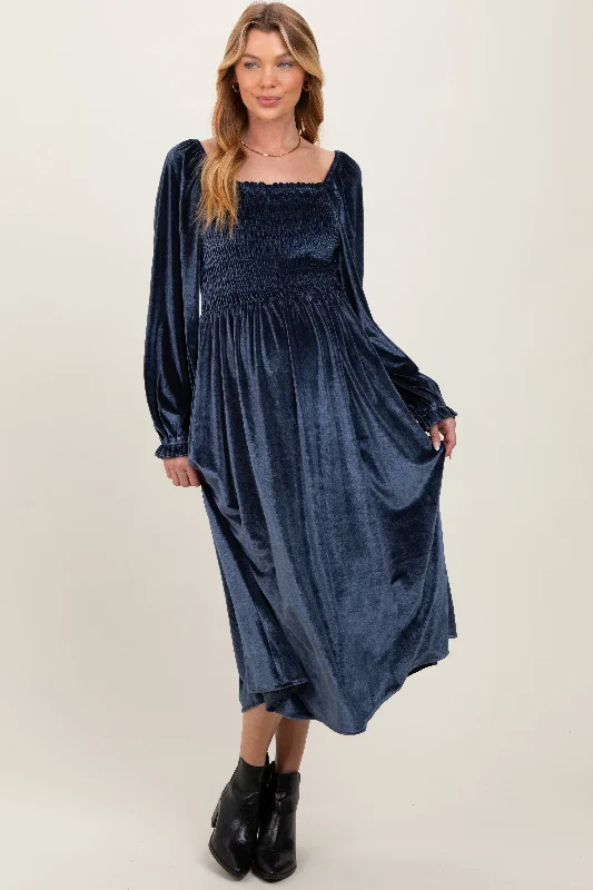 Navy Velvet Smocked Long Sleeve Maternity Maxi Dress