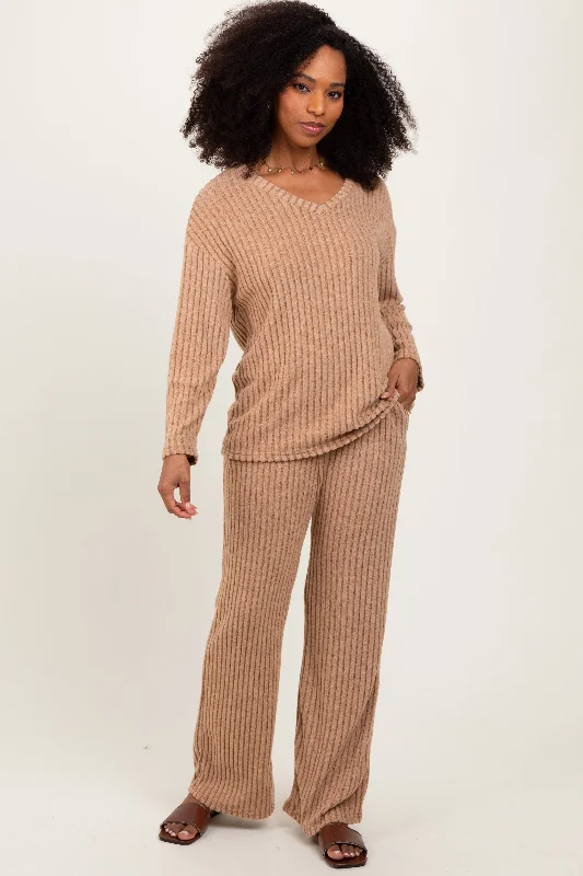 Taupe Ribbed Soft Knit Long Sleeve Pajama Set