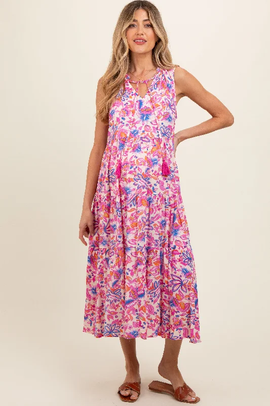 Ball GownMagenta Floral Ruffle Mock Neck Tiered Sleeveless Maternity Midi Dress