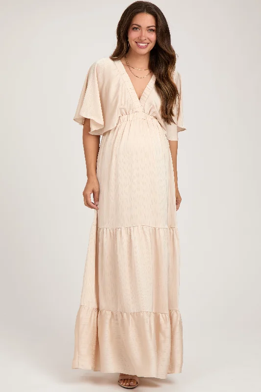 Floral DressBeige V-Neck Flutter Sleeve Tiered Maternity Maxi Dress