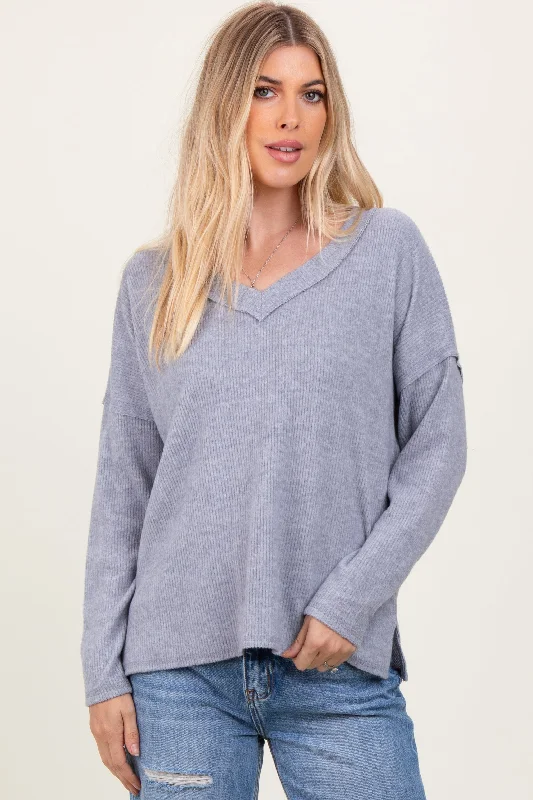 Heather Grey Ribbed V-Neck Long Sleeve Top